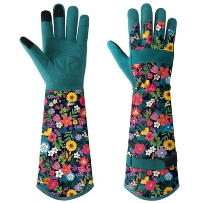 Gardening Gloves for Women, Long Garden Gloves with Grip, Thorn-Proof, Gift - color: Dark Green - Flower