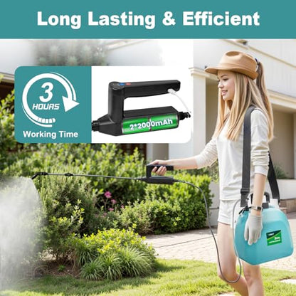 Battery Powered Sprayer 2 Gallon, 2026 Upgrade Electric Sprayer with 3 Adjustable Speed, Battery Indicator, 4 Mist Nozzles, Rechargeable Retractable Wand with Adjustable Shoulder Strap for Lawn Garden - color: Blue