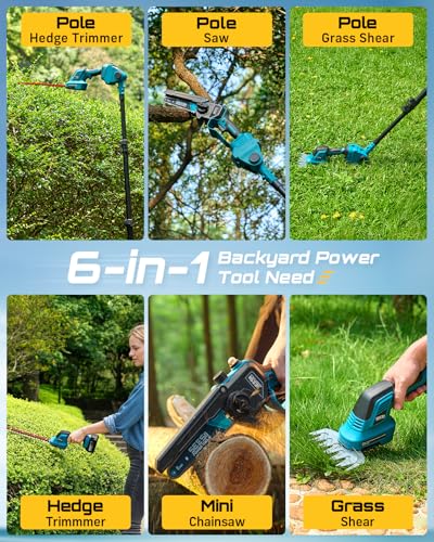 SEESII 6-in-1 Cordless Pole Saw & Hedge Trimmer Combo, Brushless Motor - color: Blue