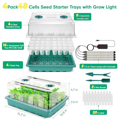 192 Cell Seed Starter Tray with Grow Light, Seed Starter Kit with Adjustable Humidity Dome, Seed Starting Trays Plant Starter Kit for Seeds Growing Starting, Indoor Gardening, Greenhouse - color: With Grow Light