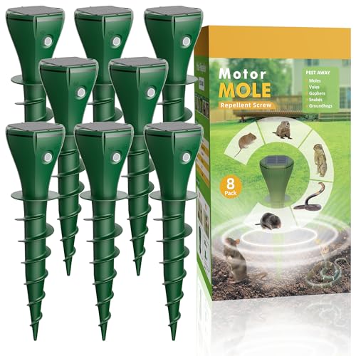 Solar Powered Animal Repellent for Yards - Waterproof Sonic Vibration Device Removes Moles, Gophers, Groundhogs, Voles, Snakes - Simple Twist Stakes for Lawn & Garden (8, Green)