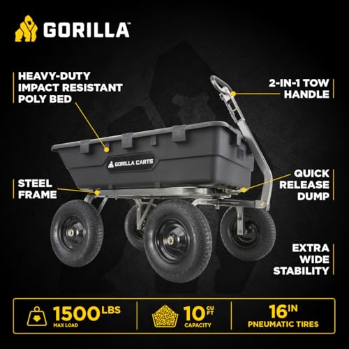 Gorilla Carts Poly Dump Cart, 1500 lb. Capacity, 10 Cu Ft, Black