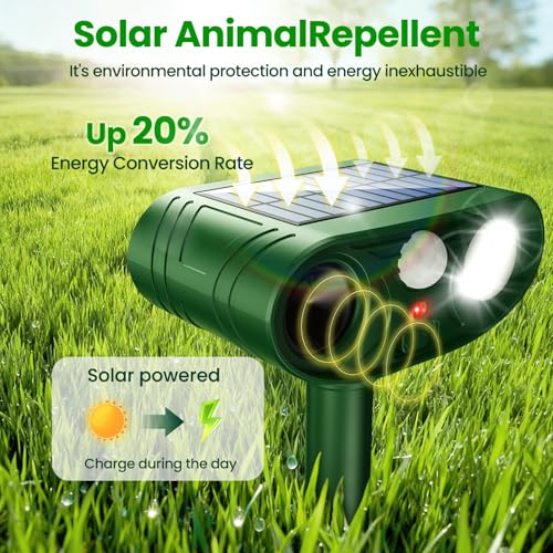 2026 Upgraded Ultrasonic Solar Animal Repellent Outdoor, Deer Repellent Devices Outdoor, Cat Repellent Waterproof with Motion Sensor Flash Light, Repels Squirrel, Deer, Raccoon for Yard