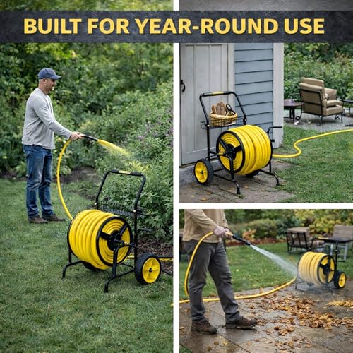 Hose Reel Cart, Hold Up to 300 ft of 5/8'', Garden Hose Cart with 2 Wheels, Heavy Duty Freestanding Water Hose Reels for Outside Garden Lawn Yard Outdoor (300ft Hose Capacity) - size: 300ft Heavy Duty Hose Capacity