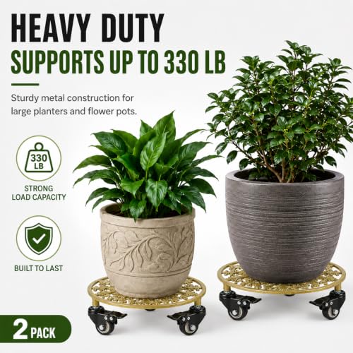 2 Pack 11" Heavy Duty Round Metal Plant Caddy with Wheels, Gold - color: Round Metal Gold, size: 11 INCH 2PCS