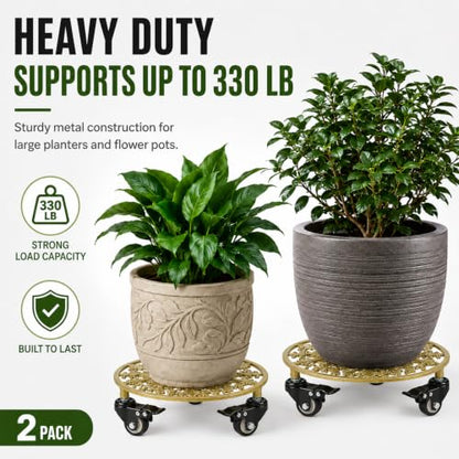 2 Pack 11" Heavy Duty Round Metal Plant Caddy with Wheels, Gold - color: Round Metal Gold, size: 11 INCH 2PCS