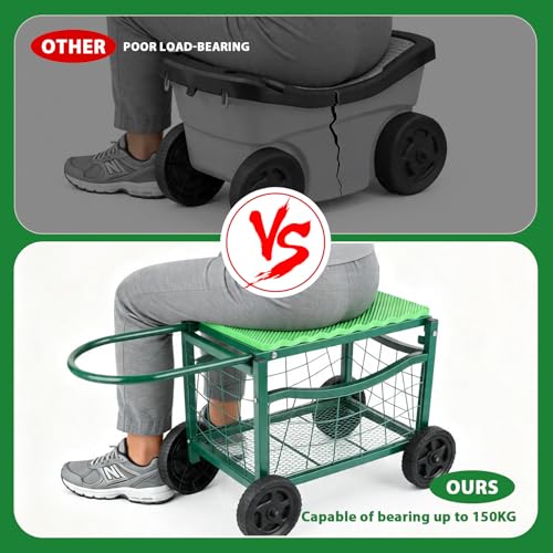 Garden Work Chair with Wheels, Heavy-Duty Gardening Cart with Seat - Garden Stool with Wheels for Lawns, Patios and Backyard Gardening, Hold Max. 350lbs