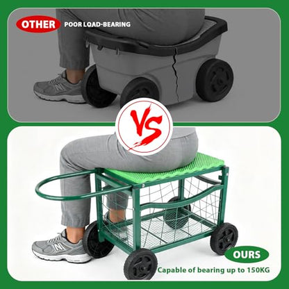 Garden Work Chair with Wheels, Heavy-Duty Gardening Cart with Seat - Garden Stool with Wheels for Lawns, Patios and Backyard Gardening, Hold Max. 350lbs