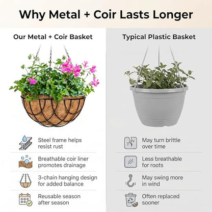 Kingbuy 10 Inch Metal Hanging Planter Basket with Coconut Fiber Liner Round Wire Hanging Plant Flower Pot for Home Garden Patio Decoration, Grid Pattern, 2 Pack - size: 10 Inch, style: Grid