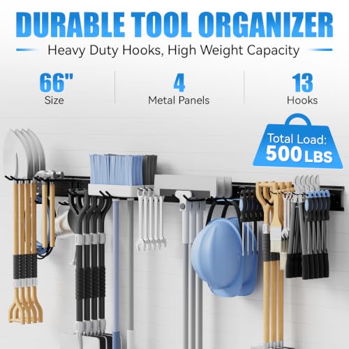 66" Garage Tool Organizer Wall-Mounted, Heavy Duty Garage Wall Organizer with 13 Adjustable Hooks, Garden Tool Storage Rack, Holds Up to 500 lbs - size: 66 in/13 hooks