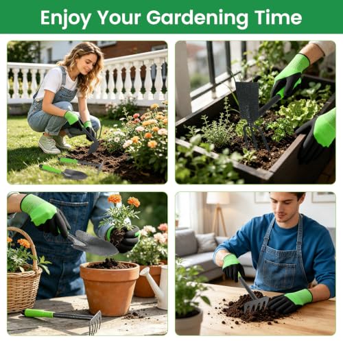 Gardening Tools Garden Tool Set 7 Pack with Ergonomic Non-Slip Handle, Includes Trowel, Hand Weeder, Hand Hoe, Small Rake, Heavy Duty Gardening Kit Garden Tools for Women Gardening Gifts for Birthday