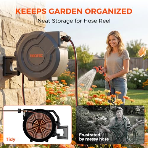 New Retractable Garden Hose Reel 150 ft x 1/2 inch 9 Sprayer Nozzle Automatic Slow Return Any Length Lock Heavy Duty Wall-Mounted Hose Reels for Outside 180° Swivel UV Resistant