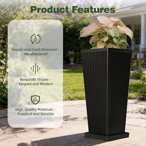Square Tall Planters for Outdoor Plants with Tray - 24" Black 2Pack - color: Black-f