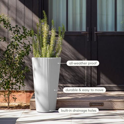 Veradek Demi Series Tall Planter - Tall Tapered Outdoor Planter with Shelf - color: White, style: Narrow Groove -2 Pack