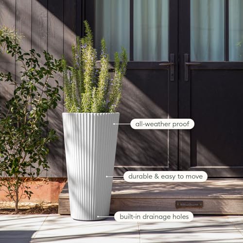 Veradek Demi Series Tall Planter - Tall Tapered Outdoor Planter with Shelf - color: White, style: Narrow Groove