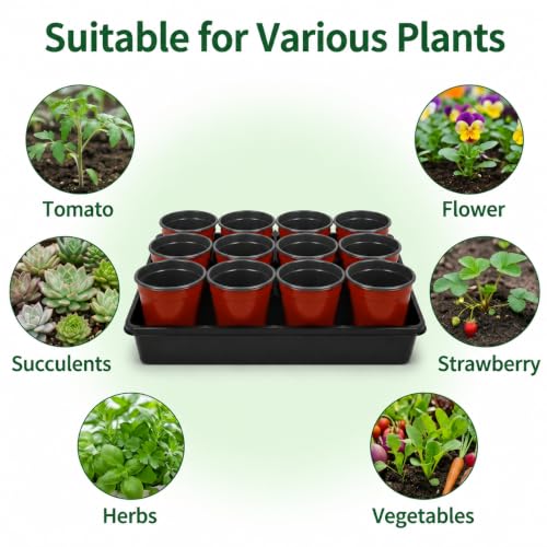 60pcs 3.5 inch Plastic Nursery Pots and 5 Pack Seedling Tray - size: Lightweight Trays+Red Round Pots-5P