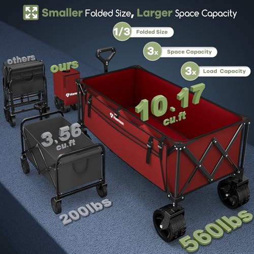 HIKEMOON 48'' Extra Large Collapsible Wagon with Big Wheels, 300L Red - color: Burgundy