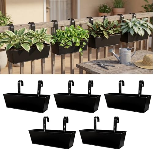 LaLaGreen Hanging Rail Planter (16 in, 5 Pack) Black Metal Deck Fence Pots