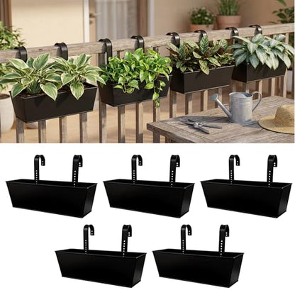 LaLaGreen Hanging Rail Planter (16 in, 5 Pack) Black Metal Deck Fence Pots