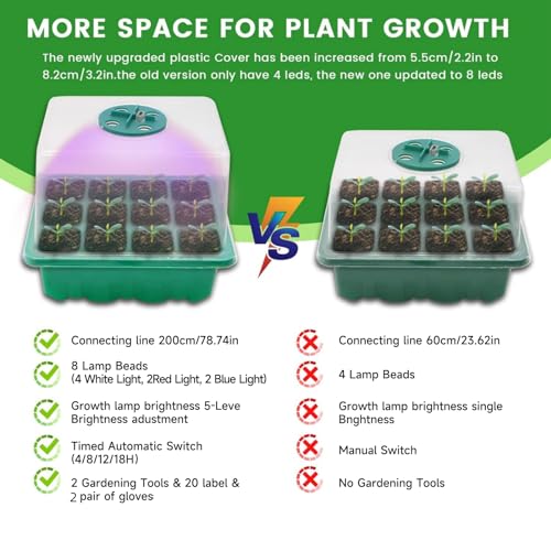 Seed Starter Tray with Grow Light，4 Pack Seed Starter Kit with Timing Controller Adjustable Brightness, Heightened Lids Growing Trays for Greenhouse & Gardens (Green)