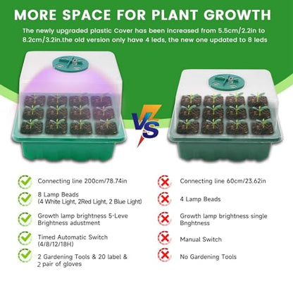 Seed Starter Tray with Grow Light，4 Pack Seed Starter Kit with Timing Controller Adjustable Brightness, Heightened Lids Growing Trays for Greenhouse & Gardens (Green)
