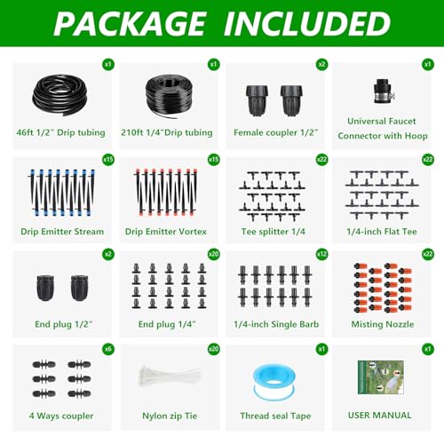 256FT Automatic Drip Irrigation System Kit,Automatic Garden Watering Misting System for Greenhouse, Yard, Plant ，Lawn with 1/2 inch Hose 1/4 inch Distribution Tubing and Accessories - style: 256FT Drip Irrigation System Kit