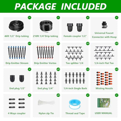 256FT Automatic Drip Irrigation System Kit,Automatic Garden Watering Misting System for Greenhouse, Yard, Plant ，Lawn with 1/2 inch Hose 1/4 inch Distribution Tubing and Accessories - style: 256FT Drip Irrigation System Kit