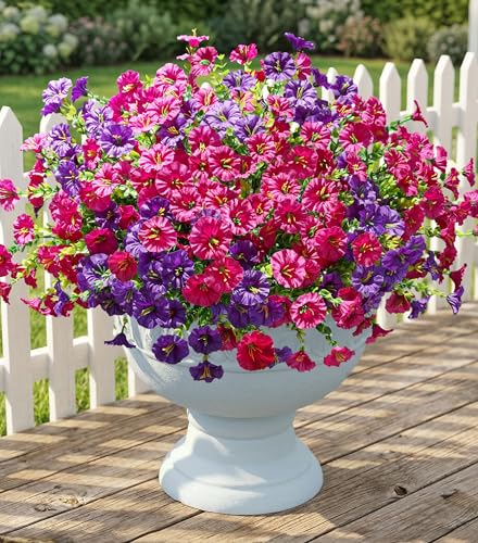 Artificial Flowers Fake Plants for Outdoors Decoration, 12 Bundles Silk Morning Glory with Eucalyptus Realistic UV Resistant Faux Flowers for Outside Planter Porch Yard Patio Garden Home Indoor, Mix - color: 6 Purple, 6 Fuchsia