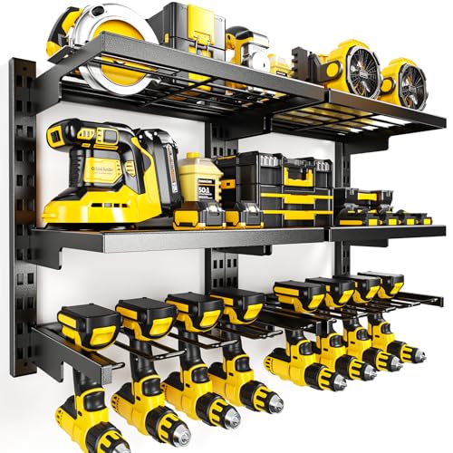 POKIPO Large Modular Power Tool Organizer Wall Mount With 6 Adjustable Shelf, Heavy Duty Iron Tool Storage Rack Loads 300lbs with 8 Cordless Tools Drill Holder,Battery Utility Rack for Garage Workshop