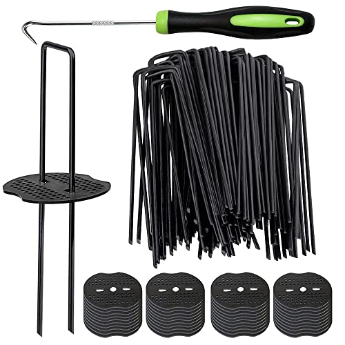 Bakulyor 50pcs Black Landscape Staples + 50pcs Buffer Washer, 6 Inch 11 Gauge Garden Stakes Staples, U Shaped Galvanized Lawn Pins Heavy Duty Yard Ground Pin for Weed Barrier Sod Fabric Decorations - color: Black