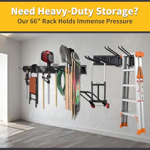66'' Heavy-Duty Garage Tool Organizer Wall Mount – 720lbs Capacity Metal Rack with Adjustable Hooks for Rake, Broom, Shovel, Snowboard & Garden Tools