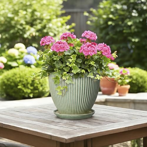 8 Inch Planter, Ceramic Plant Pots with Saucer, Green - color: Green, size: 8 Inch