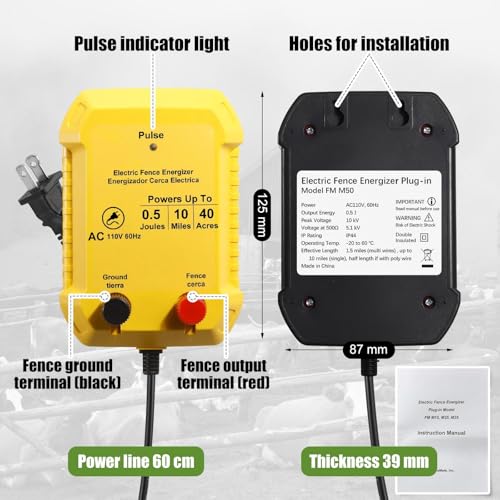 MorningRo Electric Fence Charger Kit 10 Mile 0.5J 50 Insulators 250ft Wire - style: 0.5 Joule