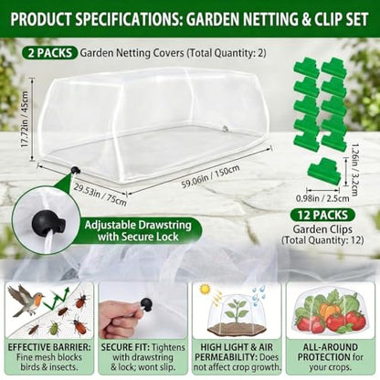 2 Pack Garden Netting for Raised Beds, 4 x 2 FT Outdoor Garden Raised Bed Cover Fine Mesh Plant Netting Plant Covers Pest Barrier Screen with Drawstring and Clips