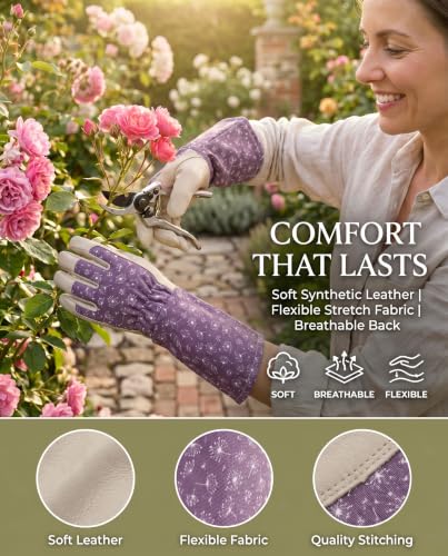 Long Gardening Gloves for Women Men, Thorn Proof Rose Pruning Gloves, Breathable Lightweight Garden Work Gloves - color: Purple