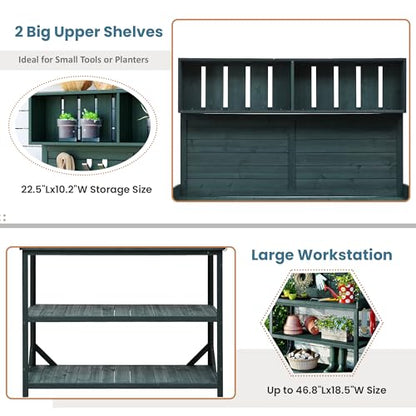 Outdoor Potting Bench Table with Storage, Farmhouse Wood Garden Tables with Storage Shelves and Side Hooks, Potting Tables for Outside, Patio, Backyard, Easy Assembly, Dark Green - size: 65'' Dark Green
