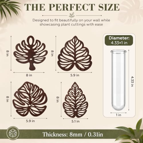 Junkin 4 Sets Wooden Monstera Leaf Wall Mount, Leaf Shaped Hanging Wall Planter Terrarium Propagation Stations for Plants with 4 Glass Tubes for Indoor Cuttings, Vines Houseplant Home Office Decor