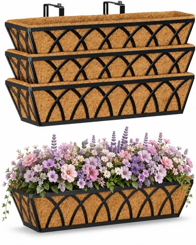 Y&M 4pcs 24 Inch Planter, Metal Window Boxes with Coco Liner, Indoor Outdoor Hanging Flower Planter for Garden, Lawn, Balcony, Porch, Fence, Patio Rail - size: X - 24in 4P