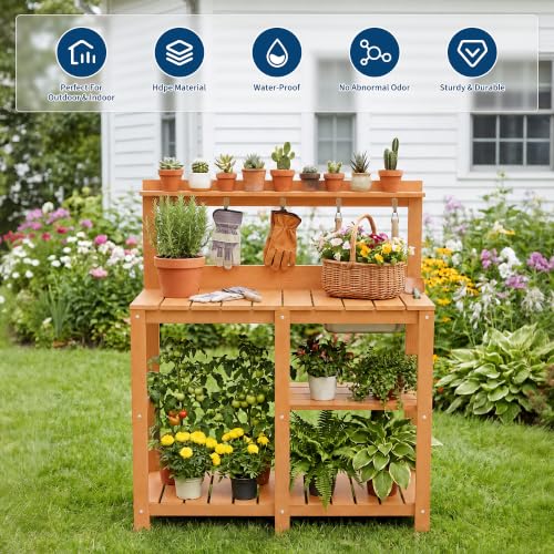 Outdoor Potting Bench Table with Metal Basin - color: Teak Finish
