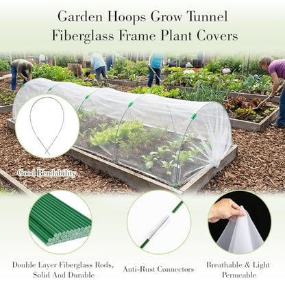 Garden Mesh Netting Kit with Hoops, 36Pcs Greenhouse Hoops Grow Tunnel Garden Covers for Raised Bed Fiberglass Frame Plant Protection Row Cover for Vegetable Fruit Flowers