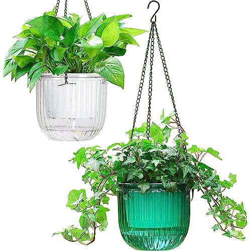 Melphoe 2 Pack Self Watering Hanging Planters Indoor Flower Pots, 6.5 Inch Outdoor Hanging Plant Pot Basket, Plant Hanger with 3Hooks Drainage Holes for Garden Home - color: Emerald+white, size: 6.5''+6.5''