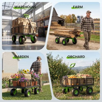 Etoolab Steel Garden Cart 1000 Lbs Capacity with 10" All Terrain Tires - color: Green & Black