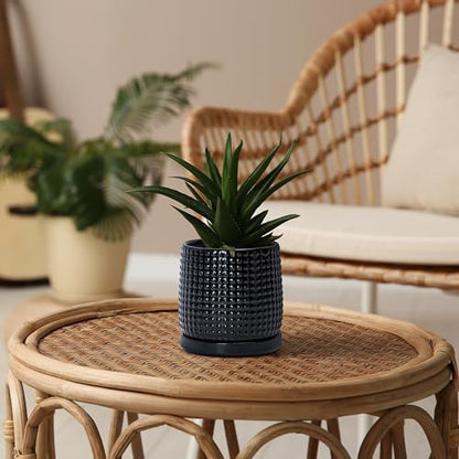 D'vine Dev Beaded Ceramic Pot with Saucer, 4 in, Glossy Black, 27-C-Z-2 - color: Glossy Black, size: 4.3 Inch