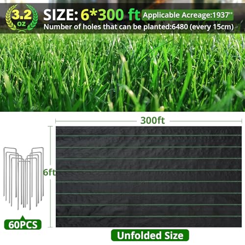 6x300FT Heavy Duty Weed Barrier Fabric, Woven Landscape Cover with 60 Pegs - size: 3.2oz-6ftx300ft with 60 pegs