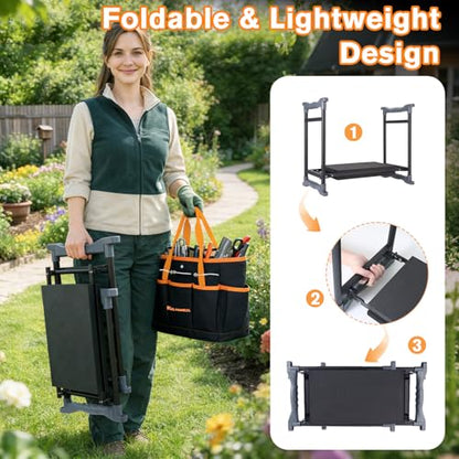 Garden Kneeler and Seat, Extra Wide Thick EVA Pad, Heavy Duty Foldable Garden Bench Holds 350lbs, Ergonomic Kneeling Stool with Garden Tool Pouches, Gardening Gifts for Women, Men & Seniors - color: Black & Orange