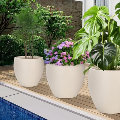 YNNICO 17.5/14.8/12.2 inch Large Flower Pots Plastic Planter with Drainage - color: Light Beige