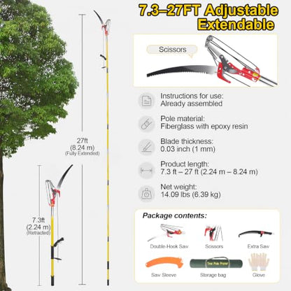7.3-27FT Extendable Pole Saw with Scissors, Lightweight 8 Section Fiberglass Pole, Sharp High Carbon Steel Double-Hook Saw, Manual Tree Trimmer for High Branch Trimming,Lawn and Garden