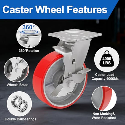 Nefish 6 Inch Industrial Casters Set of 4 Heavy Duty No Noise Polyurethane Wheel on Steel Hub, Workbench Casters with Brakes 4800 Lbs, Plate Swivel Casters for Toolbox Workbench (4 Swivel & Brakes) - size: 6 IN （Brake）