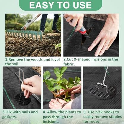 PAMASE Landscape Weed Barrier Fabric - 20pcs Tear-Proof Gaskets, 20pcs Garden Stakes, Pick Hook, 3.2oz Heavy Duty Outdoor Ground Cover Weed Cloth Control - 3 x 50ft - size: 3 x 50ft