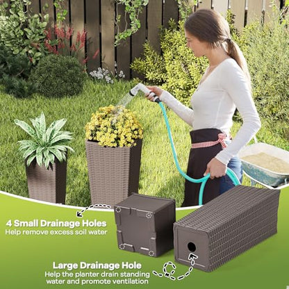 HAPPYGRILL Rattan Tall Planter Set of 2 with Removable Inner Trays - color: Brown
